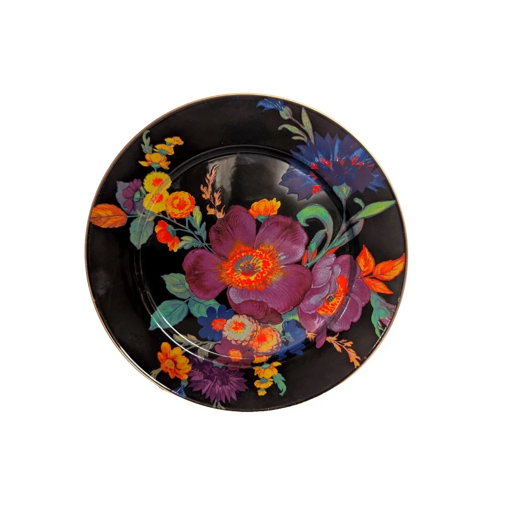 MacKenzie Childs Black Flower Market Enamel Charger Plates 12 inch, Set of 4